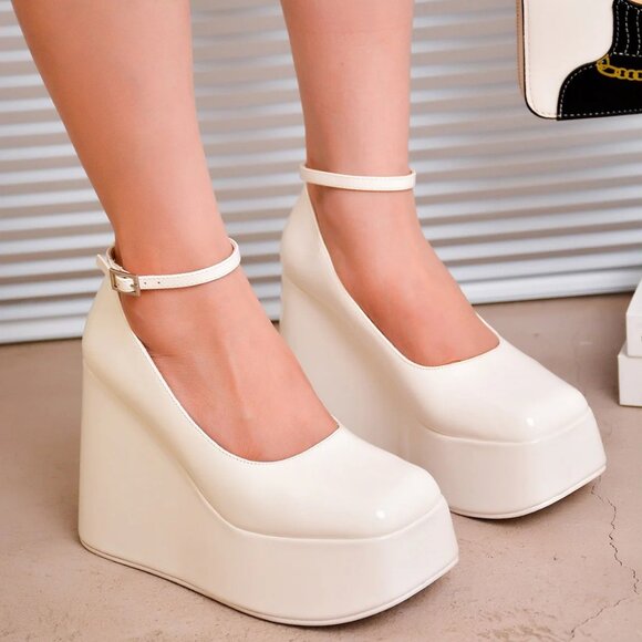 Cape Robbin Shoes - NEW🔥 Ivory Chunky Platform Wedge High Heel Shoes Buckle Ankle Strap Closed Toe
